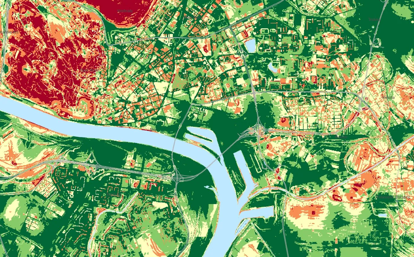 Land potential map of Bratislava coloured from red to green