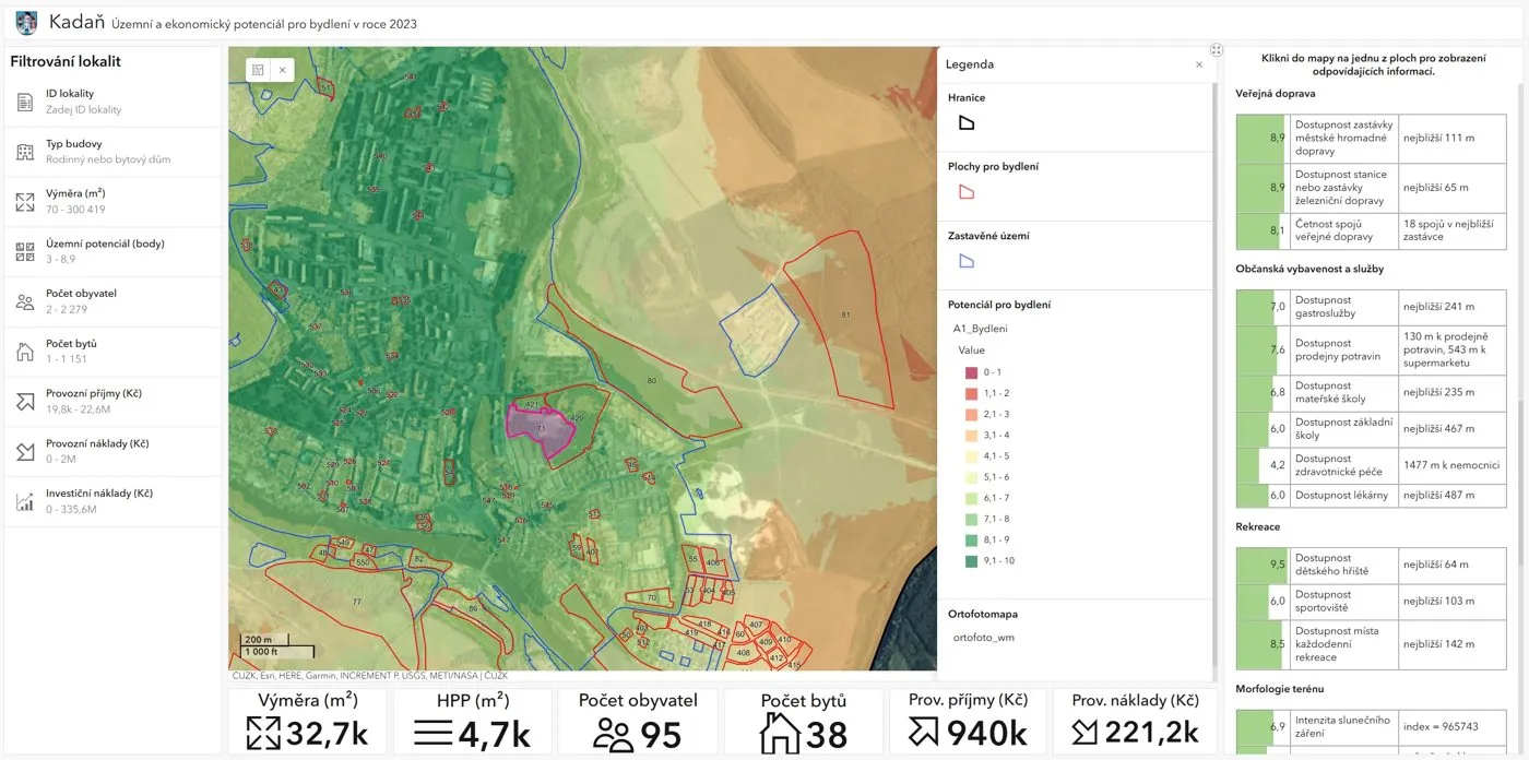 Web map with development sites and a panel showing data for the selected site