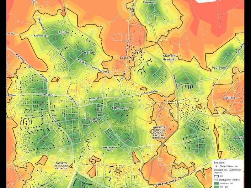 Travel time map from green (close) to red (far)